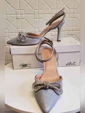 A New Day Carmin Glitter Bow Pointed-Toe Ankle-Strap Heels - Silver Size 9.5